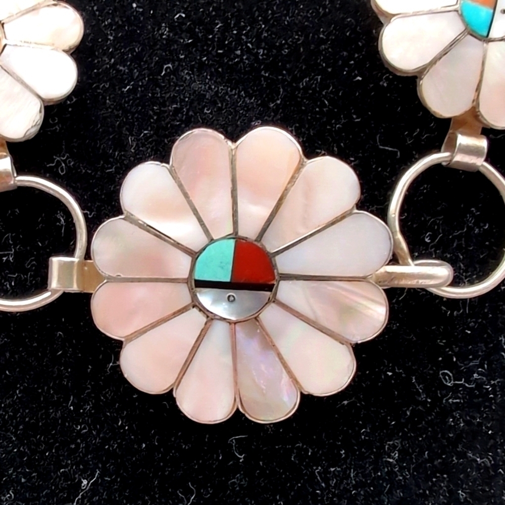 Sterling Silver Zuni Native American Sun Face MOP Turquoise Concho Belt Necklace - Picture 3 of 10